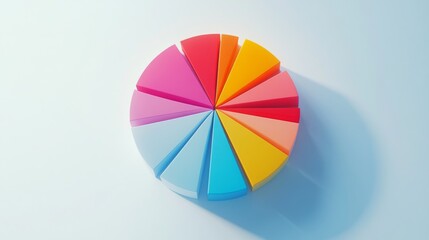 Fototapeta premium A top-down view of a D pie chart with vibrant colors and varying segment sizes, representing budget allocation, set against a light surface for emphasis.