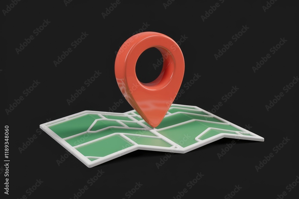 Fototapete A 3D render of a map with a location pin indicating a specific place or point of interest.