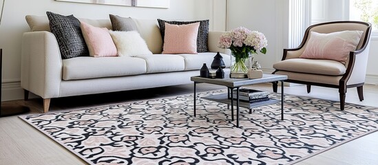 A chic living room features a light beige sofa with pink and neutral pillows, complemented by a patterned rug in soft pinks and blacks. A small, dark coffee table sits in the center.