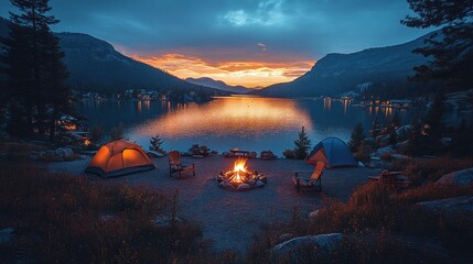 Campsite at sunset with lake view, two tents, campfire, and chairs.