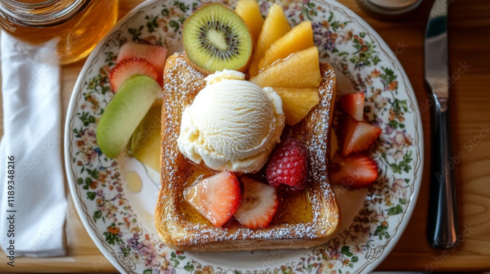Poster a top-down view of a decadent honey toast adorned with fresh fruit slices and a scoop of ice cream, 