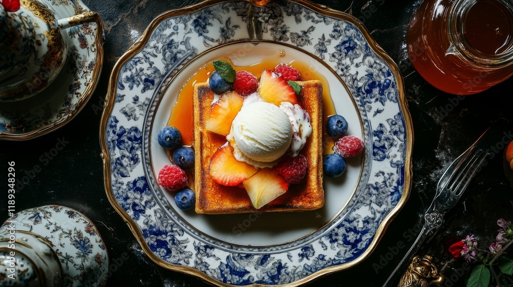Poster a top-down view of a decadent honey toast adorned with fresh fruit slices and a scoop of ice cream, 
