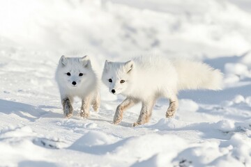 A pair of Arctic foxes with fluffy white fur, playfully chasing each other on snow-covered tundra.
