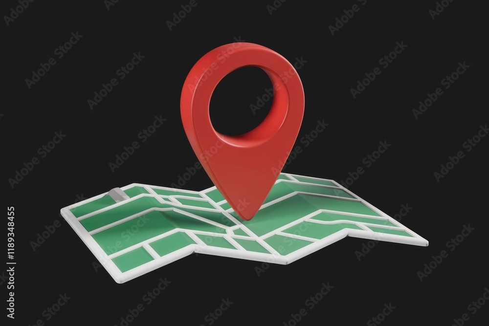 Poster A 3D red location pin is placed on a green map, symbolizing navigation and location services.