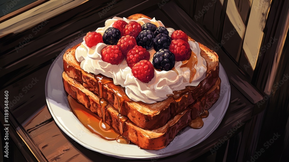 Aufkleber a top-down view of a plate of honey toast stacked high, generously topped with whipped cream, fresh 