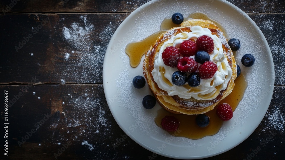 Aufkleber a top-down view of a plate of honey toast stacked high, generously topped with whipped cream, fresh 