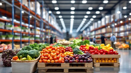 Fruits and vegetables in warehouse, fresh produce storage