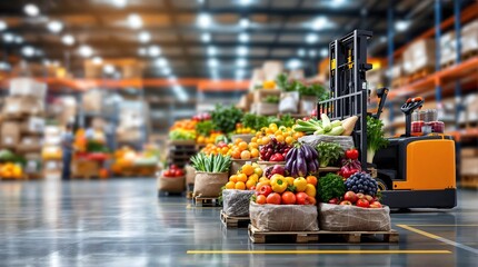 Warehouse with fresh produce and a forklift,Smart Handling Equipment, food distribution