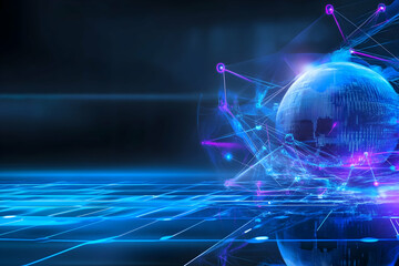 Global network connection, digital data flow, futuristic technology, dark background, website banner