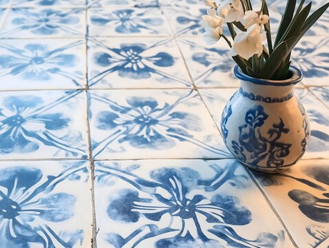 Azulejo tile pattern with blue and white Portuguese ceramic motifs, vintage aesthetic