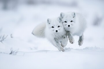 A pair of Arctic foxes with fluffy white fur, playfully chasing each other on snow-covered tundra.