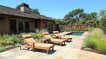 Obraz premium Luxury Poolside Relaxation- Wooden Loungers and Tranquil Garden