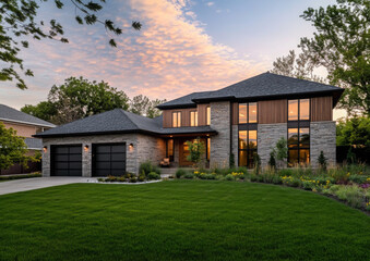 Obraz premium Luxury home during twilight golden hour with pink and purple sky and lush landscaping in Nebraska USA 
