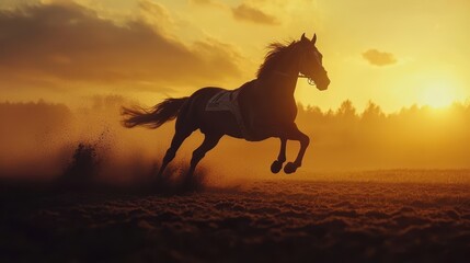 Intense horse racing at golden hour on track