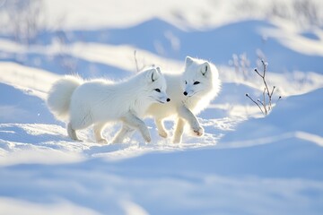 A pair of Arctic foxes with fluffy white fur, playfully chasing each other on snow-covered tundra.