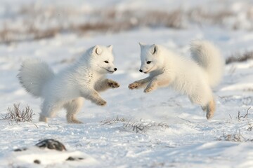 Obraz premium A pair of Arctic foxes with fluffy white fur, playfully chasing each other on snow-covered tundra.