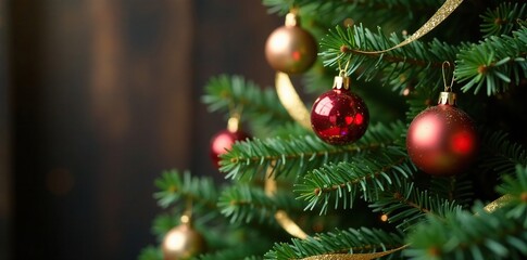 Obraz premium The branches of a fir tree are wrapped in golden ribbons and adorned with ornaments, golden ribbons, ornaments, Christmas decorations