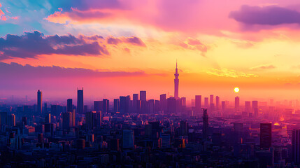 Urban skyline at dusk, vibrant hues blending in the sky, buildings silhouetted against the horizon, a serene and captivating view of a city transitioning into night. Duskfall. Illustration