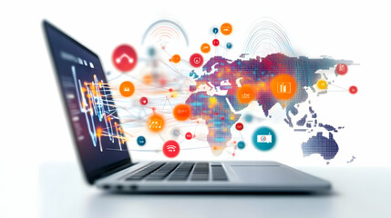 Global network connection on laptop screen; data exchange visualized; white background; business use