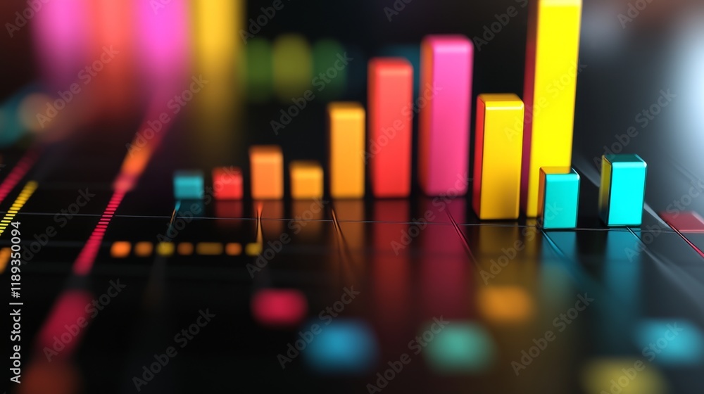 Aufkleber A vibrant D bar graph with colorful bars rising at various heights, displayed on a sleek dark background, showcasing data visualization in a modern business context.