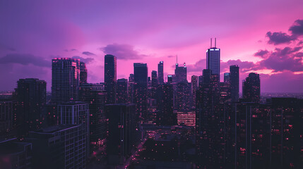 Fototapeta premium Urban skyline at dusk with purple pink skies and soft lights. Duskfall. Illustration