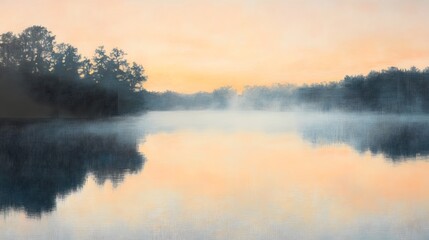 Fototapeta premium Serene Sunrise Over Calm Lake with Mist and Soft Reflections