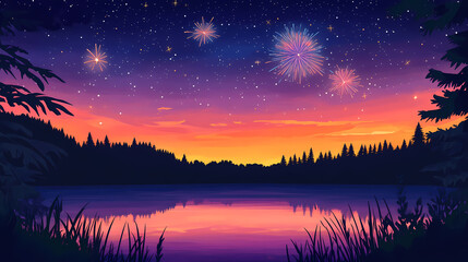 Vibrant sunset over a tranquil lake, with stars twinkling in the night sky. firework theme. Duskfall. Illustration