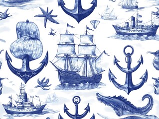 Old-world nautical pattern with anchors, ships, and sea creatures, blue and white monochrome