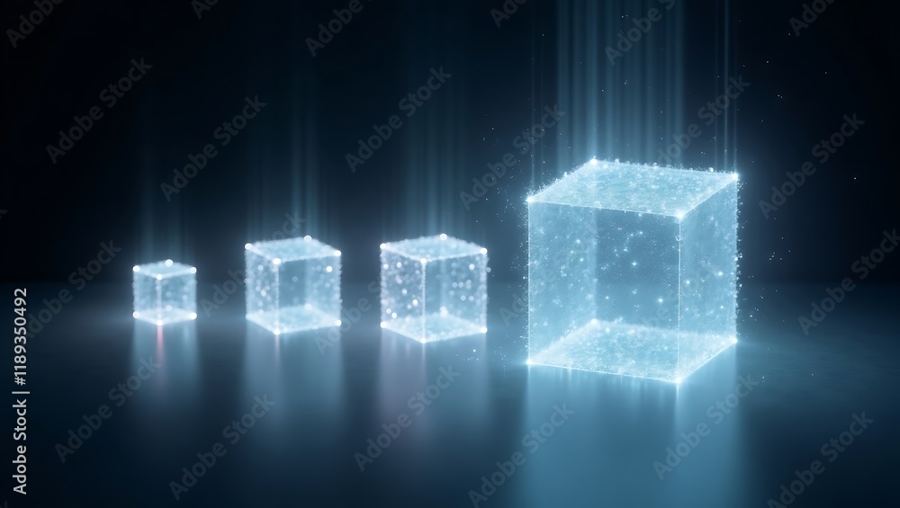 Poster abstract 3d glowing holographic cube background. generative ai.