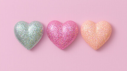 Fototapeta premium Three glittery pastel hearts on pink background, radiating charm and sparkle