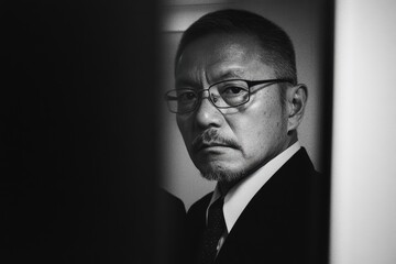 Fototapeta premium 謎めいた表情を浮かべる男性が暗い廊下で静止している様子