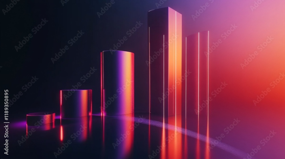 Poster A visually striking D bar graph with reflective surfaces, showcasing various data sets in different heights, placed on a gradient background for a professional presentation.