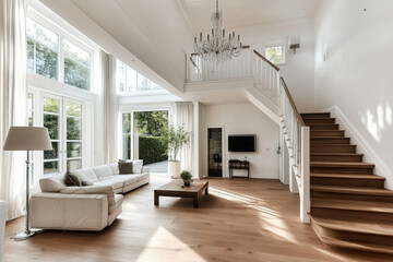 Cozy house interior with a wooden floor, large gray sofa, and stairs leading to the second floor 
