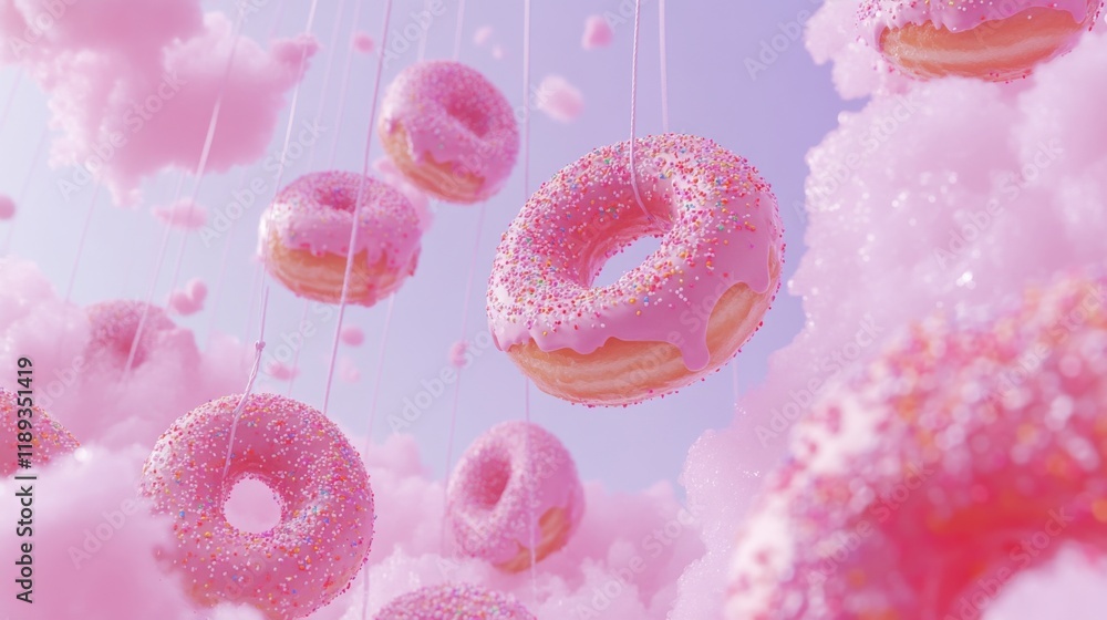 Poster a whimsical scene of donuts suspended from a string, decorated with frosting and sprinkles, creating