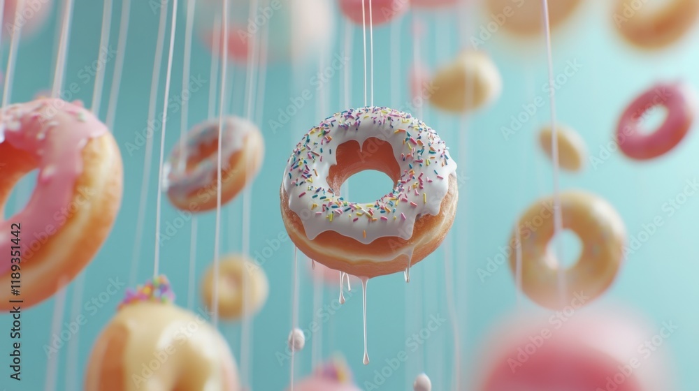 Poster a whimsical scene of donuts suspended from a string, decorated with frosting and sprinkles, creating