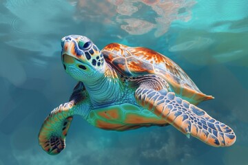 Hawksbill sea turtle gracefully swims through crystal clear waters, showcasing vibrant patterns and colors while exploring its underwater habitat in a tropical location