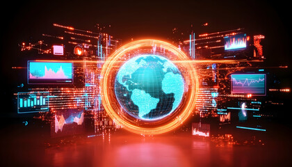 Fototapeta premium Global network data visualization, digital world map, glowing sphere, financial charts background, for technology reports