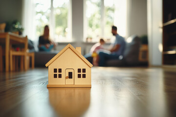Little wooden house on floor of cozy room with happy family playing in background 
