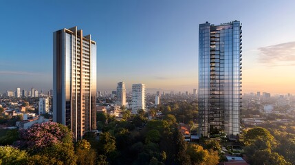 Obraz premium Modern Skyscrapers Rise Above City Skyline At Sunset