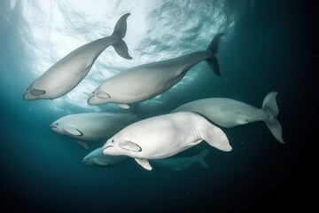 Naklejka premium A pod of beluga whales swimming gracefully beneath the icy surface of the Arctic Ocean