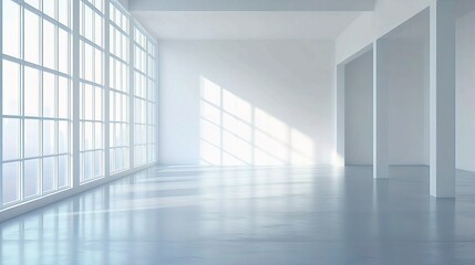 Fototapeta premium Sunlight Streaming Through Large Windows: A minimalist interior design concept, with an empty white room flooded by warm, natural light streaming through large windows.