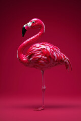 Fototapeta premium Pink flamingo stands elegantly against a vibrant red background showcasing its unique feathers and posture