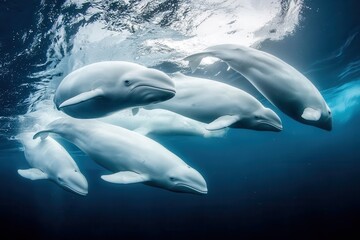 Naklejka premium A pod of beluga whales swimming gracefully beneath the icy surface of the Arctic Ocean
