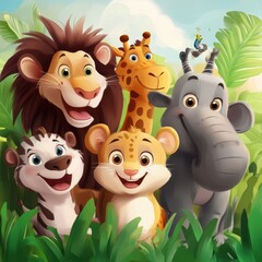 Naklejka premium Happy African Animals Posing Together In Lush Green Foliage