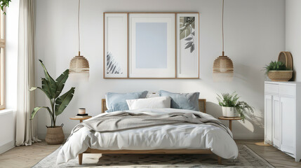 Mockup frame in a cozy home interior, coastal style bedroom, 3d render