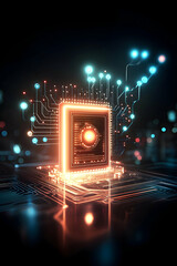 Glowing CPU chip on circuit board, digital technology background,  future tech concept, website banner