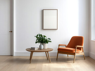 Modern mid century and minimalist interior of living room ,leather armchair with table on white wall and wood floor ,3d render 
