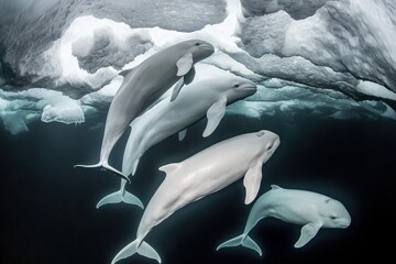 Naklejka premium A pod of beluga whales swimming gracefully beneath the icy surface of the Arctic Ocean