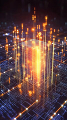 Glowing data cube on circuit board; digital transformation, technology innovation, future tech; website header, tech article