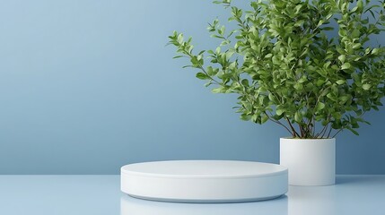 White Circular Display Stand with Green Plant